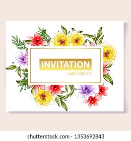 Vintage delicate greeting invitation card template design with flowers for wedding, marriage, bridal, birthday, Valentine's day. Romantic vector illustration.