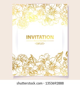 Vintage delicate greeting invitation card template design with flowers for wedding, marriage, bridal, birthday, Valentine's day. Romantic vector illustration.