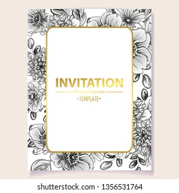 Vintage delicate greeting invitation card template design with flowers for wedding, marriage, bridal, birthday, Valentine's day. Romantic vector illustration.
