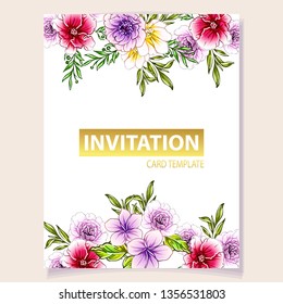 Vintage delicate greeting invitation card template design with flowers for wedding, marriage, bridal, birthday, Valentine's day. Romantic vector illustration.