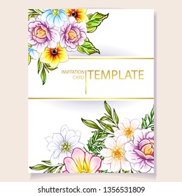 Vintage delicate greeting invitation card template design with flowers for wedding, marriage, bridal, birthday, Valentine's day. Romantic vector illustration.