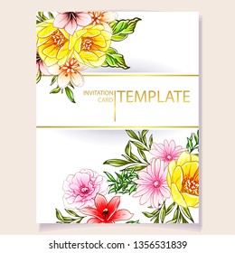 Vintage delicate greeting invitation card template design with flowers for wedding, marriage, bridal, birthday, Valentine's day. Romantic vector illustration.