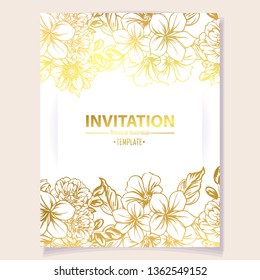 Vintage delicate greeting invitation card template design with flowers for wedding, marriage, bridal, birthday, Valentine's day. Romantic vector illustration.
