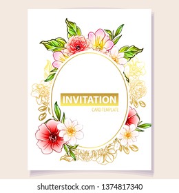 Vintage delicate greeting invitation card template design with flowers for wedding, marriage, bridal, birthday, Valentine's day. Romantic vector illustration.
