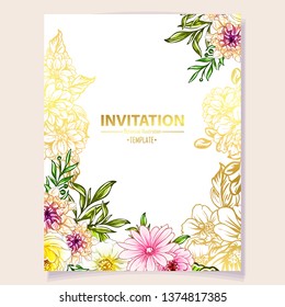 Vintage delicate greeting invitation card template design with flowers for wedding, marriage, bridal, birthday, Valentine's day. Romantic vector illustration.
