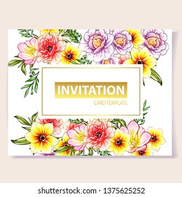 Vintage delicate greeting invitation card template design with flowers for wedding, marriage, bridal, birthday, Valentine's day. Romantic vector illustration.

