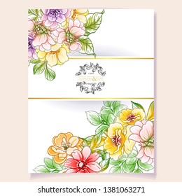 Vintage delicate greeting invitation card template design with flowers for wedding, marriage, bridal, birthday, Valentine's day. Romantic vector illustration.
