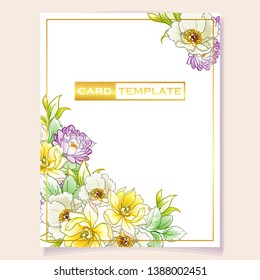 Vintage delicate greeting invitation card template design with flowers for wedding, marriage, bridal, birthday, Valentine's day. Romantic vector illustration.
