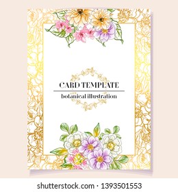 Vintage delicate greeting invitation card template design with flowers for wedding, marriage, bridal, birthday, Valentine's day. Romantic vector illustration.