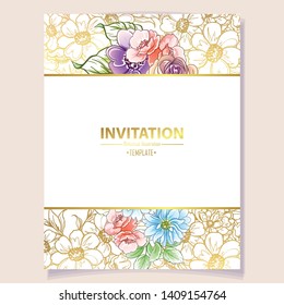 Vintage delicate greeting invitation card template design with flowers for wedding, marriage, bridal, birthday, Valentine's day. Romantic vector illustration.