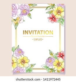 Vintage delicate greeting invitation card template design with flowers for wedding, marriage, bridal, birthday, Valentine's day. Romantic vector illustration.