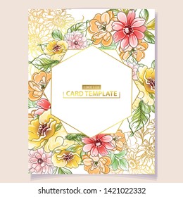 Vintage delicate greeting invitation card template design with flowers for wedding, marriage, bridal, birthday, Valentine's day. Romantic vector illustration.
