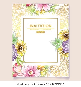 Vintage delicate greeting invitation card template design with flowers for wedding, marriage, bridal, birthday, Valentine's day. Romantic vector illustration.