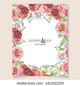 Vintage delicate greeting invitation card template design with flowers for wedding, marriage, bridal, birthday, Valentine's day. Romantic vector illustration.