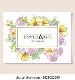 Vintage delicate greeting invitation card template design with flowers for wedding, marriage, bridal, birthday, Valentine's day. Romantic vector illustration.