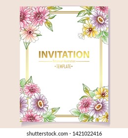 Vintage delicate greeting invitation card template design with flowers for wedding, marriage, bridal, birthday, Valentine's day. Romantic vector illustration.
