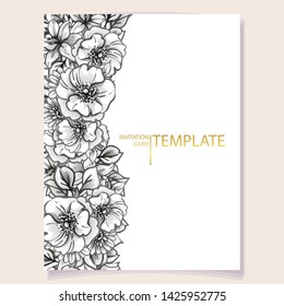 Vintage delicate greeting invitation card template design with flowers for wedding, marriage, bridal, birthday, Valentine's day. Romantic vector illustration.