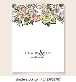 Vintage delicate greeting invitation card template design with flowers for wedding, marriage, bridal, birthday, Valentine's day. Romantic vector illustration.
