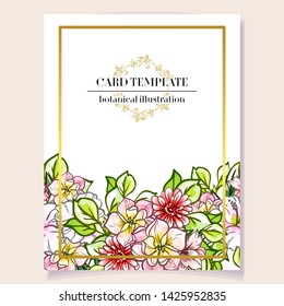 Vintage delicate greeting invitation card template design with flowers for wedding, marriage, bridal, birthday, Valentine's day. Romantic vector illustration.