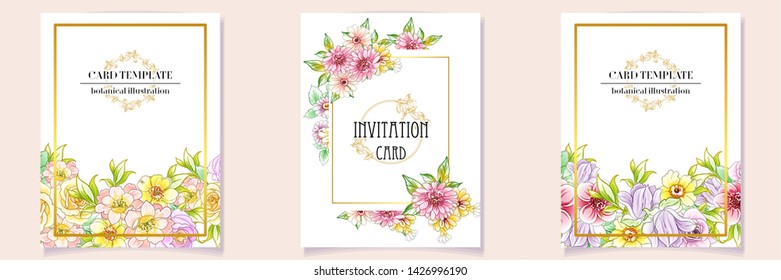 Vintage delicate greeting invitation card template design with flowers for wedding, marriage, bridal, birthday, Valentine's day. Romantic vector illustration.