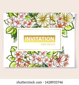Vintage delicate greeting invitation card template design with flowers for wedding, marriage, bridal, birthday, Valentine's day. Romantic vector illustration.