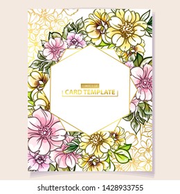 Vintage delicate greeting invitation card template design with flowers for wedding, marriage, bridal, birthday, Valentine's day. Romantic vector illustration.