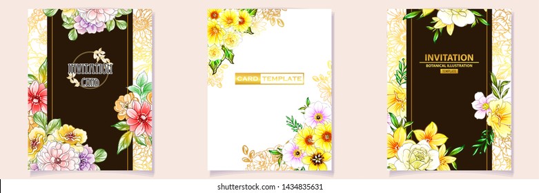 Vintage delicate greeting invitation card template design with flowers for wedding, marriage, bridal, birthday, Valentine's day. Romantic vector illustration.