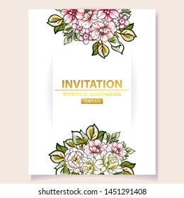 Vintage delicate greeting invitation card template design with flowers for wedding, marriage, bridal, birthday, Valentine's day. Romantic vector illustration.