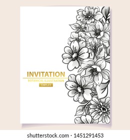 Vintage delicate greeting invitation card template design with flowers for wedding, marriage, bridal, birthday, Valentine's day. Romantic vector illustration.