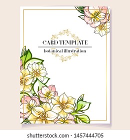 Vintage delicate greeting invitation card template design with flowers for wedding, marriage, bridal, birthday, Valentine's day. Romantic vector illustration.
