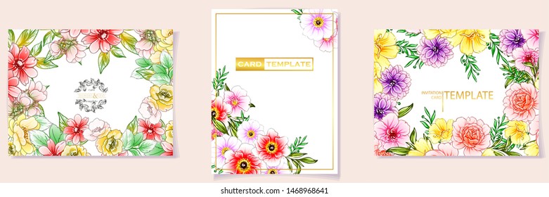 Vintage delicate greeting invitation card template design with flowers for wedding, marriage, bridal, birthday, Valentine's day. Romantic vector illustration.