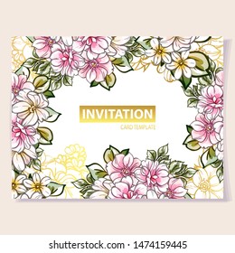 Vintage delicate greeting invitation card template design with flowers for wedding, marriage, bridal, birthday, Valentine's day. Romantic vector illustration.