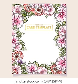Vintage delicate greeting invitation card template design with flowers for wedding, marriage, bridal, birthday, Valentine's day. Romantic vector illustration.