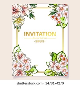 Vintage delicate greeting invitation card template design with flowers for wedding, marriage, bridal, birthday, Valentine's day. Romantic vector illustration.