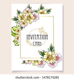 Vintage delicate greeting invitation card template design with flowers for wedding, marriage, bridal, birthday, Valentine's day. Romantic vector illustration.