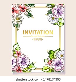 Vintage delicate greeting invitation card template design with flowers for wedding, marriage, bridal, birthday, Valentine's day. Romantic vector illustration.