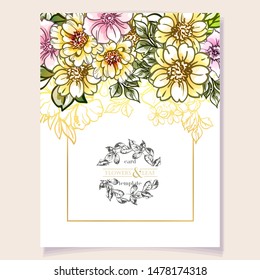 Vintage delicate greeting invitation card template design with flowers for wedding, marriage, bridal, birthday, Valentine's day. Romantic vector illustration.