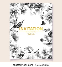 Vintage delicate greeting invitation card template design with flowers for wedding, marriage, bridal, birthday, Valentine's day. Romantic vector illustration.