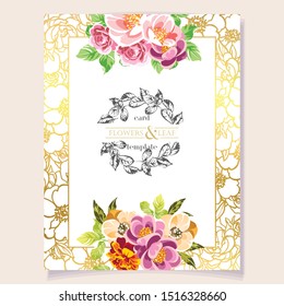 Vintage delicate greeting invitation card template design with flowers for wedding, marriage, bridal, birthday, Valentine's day. Romantic vector illustration.