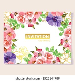 Vintage delicate greeting invitation card template design with flowers for wedding, marriage, bridal, birthday, Valentine's day. Romantic vector illustration.