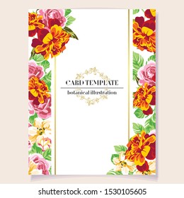 Vintage delicate greeting invitation card template design with flowers for wedding, marriage, bridal, birthday, Valentine's day. Romantic vector illustration.