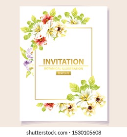 Vintage delicate greeting invitation card template design with flowers for wedding, marriage, bridal, birthday, Valentine's day. Romantic vector illustration.