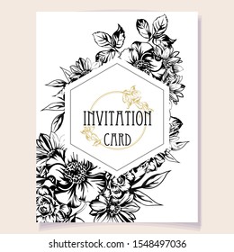 Vintage delicate greeting invitation card template design with flowers for wedding, marriage, bridal, birthday, Valentine's day. Romantic vector illustration.