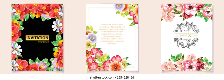 Vintage delicate greeting invitation card template design with flowers for wedding, marriage, bridal, birthday, Valentine's day. Romantic vector illustration.