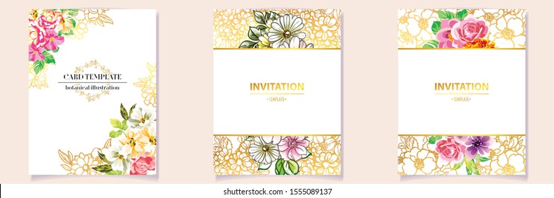 Vintage delicate greeting invitation card template design with flowers for wedding, marriage, bridal, birthday, Valentine's day. Romantic vector illustration.