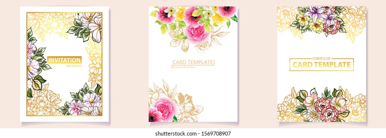 Vintage delicate greeting invitation card template design with flowers for wedding, marriage, bridal, birthday, Valentine's day. Romantic vector illustration.