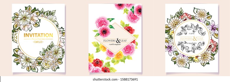 Vintage delicate greeting invitation card template design with flowers for wedding, marriage, bridal, birthday, Valentine's day. Romantic vector illustration.