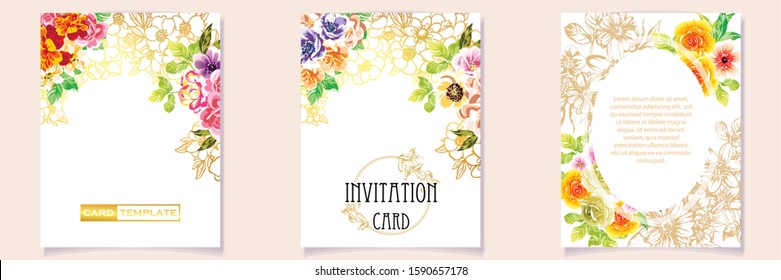 Vintage delicate greeting invitation card template design with flowers for wedding, marriage, bridal, birthday, Valentine's day. Romantic vector illustration.
