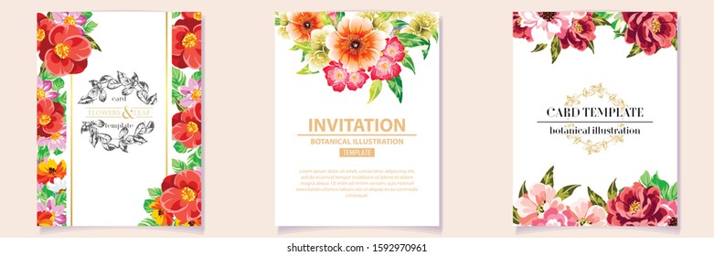 Vintage delicate greeting invitation card template design with flowers for wedding, marriage, bridal, birthday, Valentine's day. Romantic vector illustration.