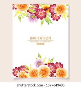Vintage delicate greeting invitation card template design with flowers for wedding, marriage, bridal, birthday, Valentine's day. Romantic vector illustration.